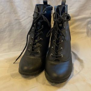 BRASH black boot. Lace up look, zipper closer on side, size 9 1/2 w/ 3 1/2” heel